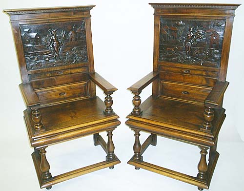 pair of solid walnut french antique Renaissance Armchairs