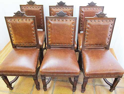 6 french antique leather dining chairs with crowns