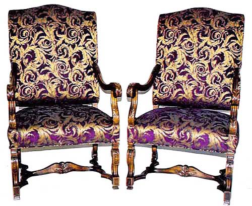 Pair of Louis XIV chairs upholstered in purple and gold