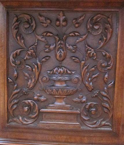 5171-detail of vase motif on carved walnut cabinet