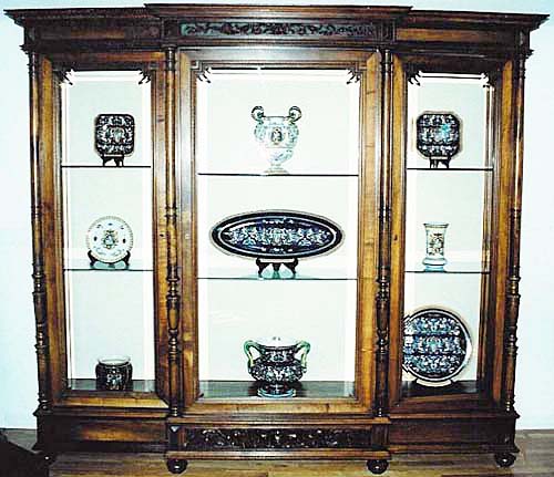 9225-antique library cabinet with interior lighting and Gien ceramics