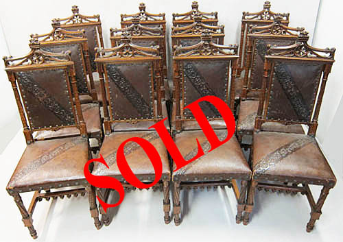 12 french antique gothic dining chairs in leather