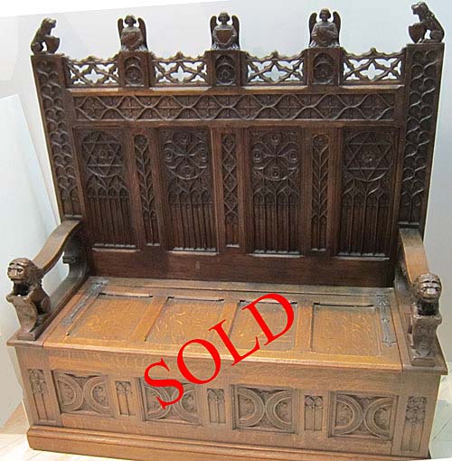 french antique gothic bench with angels and lions sold