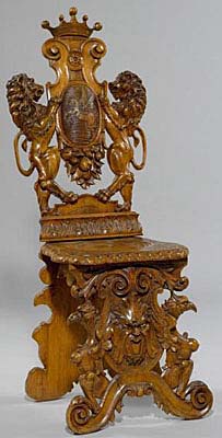 french antique sgabello with lions, birds and grotesque