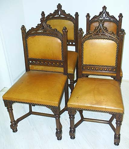4 french antique Gothic Style Chairs Leather Upholstery
