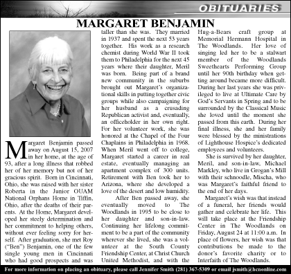 Margaret Benjamin Obituary